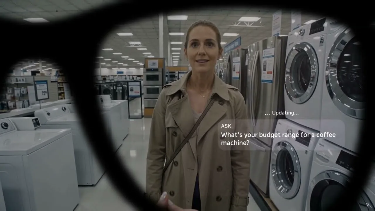 The HUD from the rep's point of view: a discovery question ("ASK") with an "Updating…" state, placed beside the customer rather than over her.