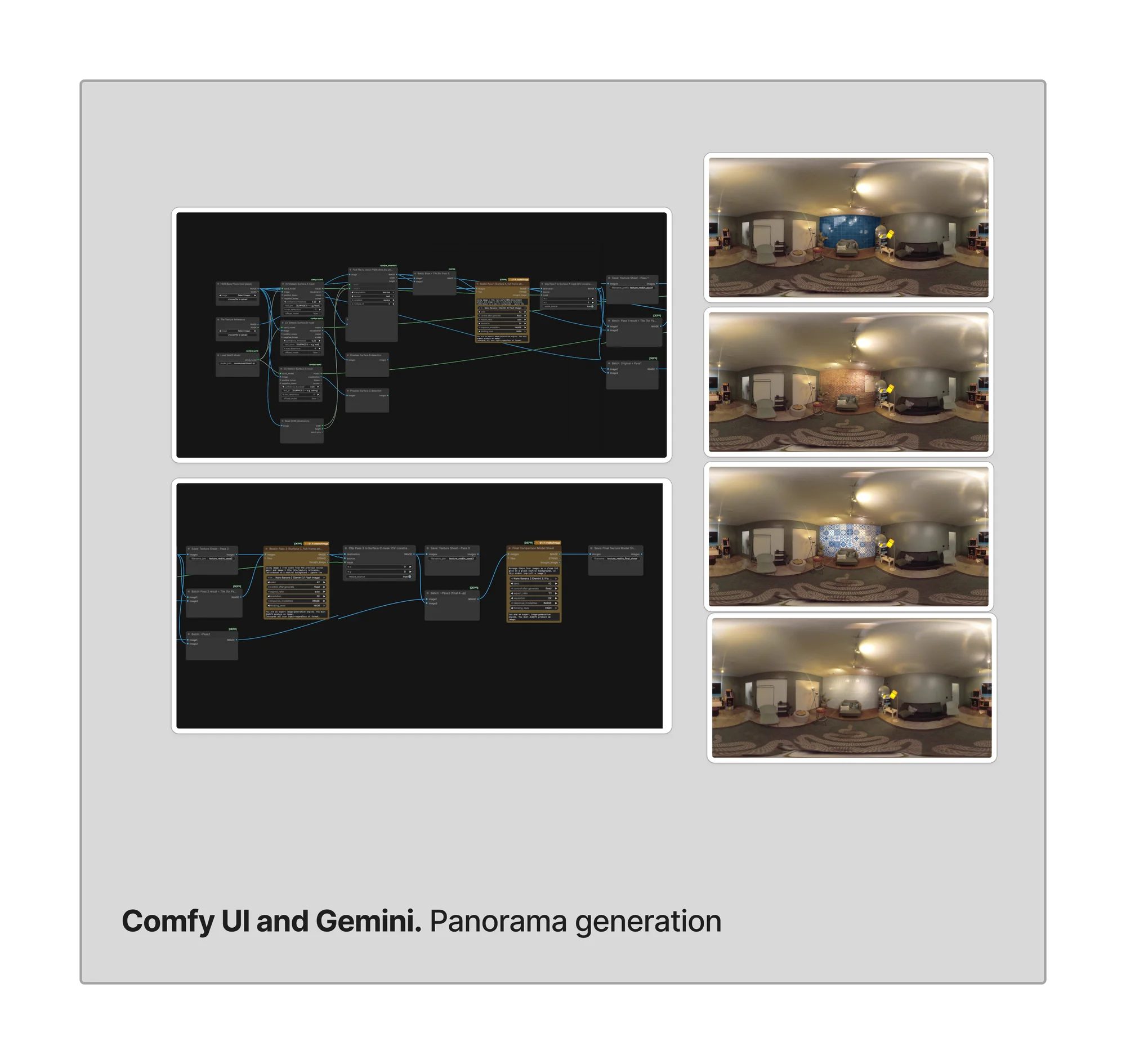 The ComfyUI workflow and the reskinned panoramas it generates, one per texture reference.