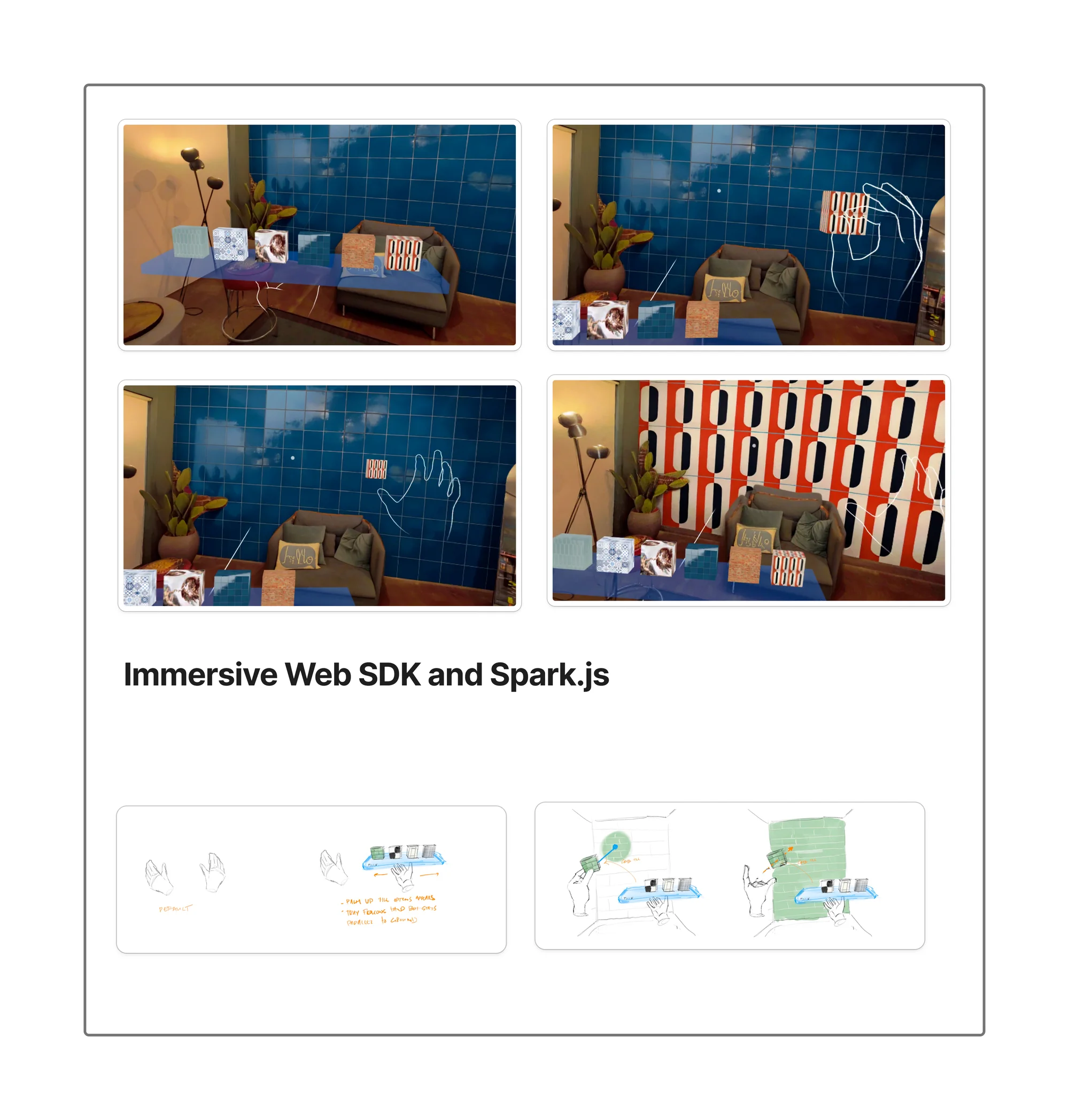 The WebXR experience: switching between reskinned versions of the room in VR.