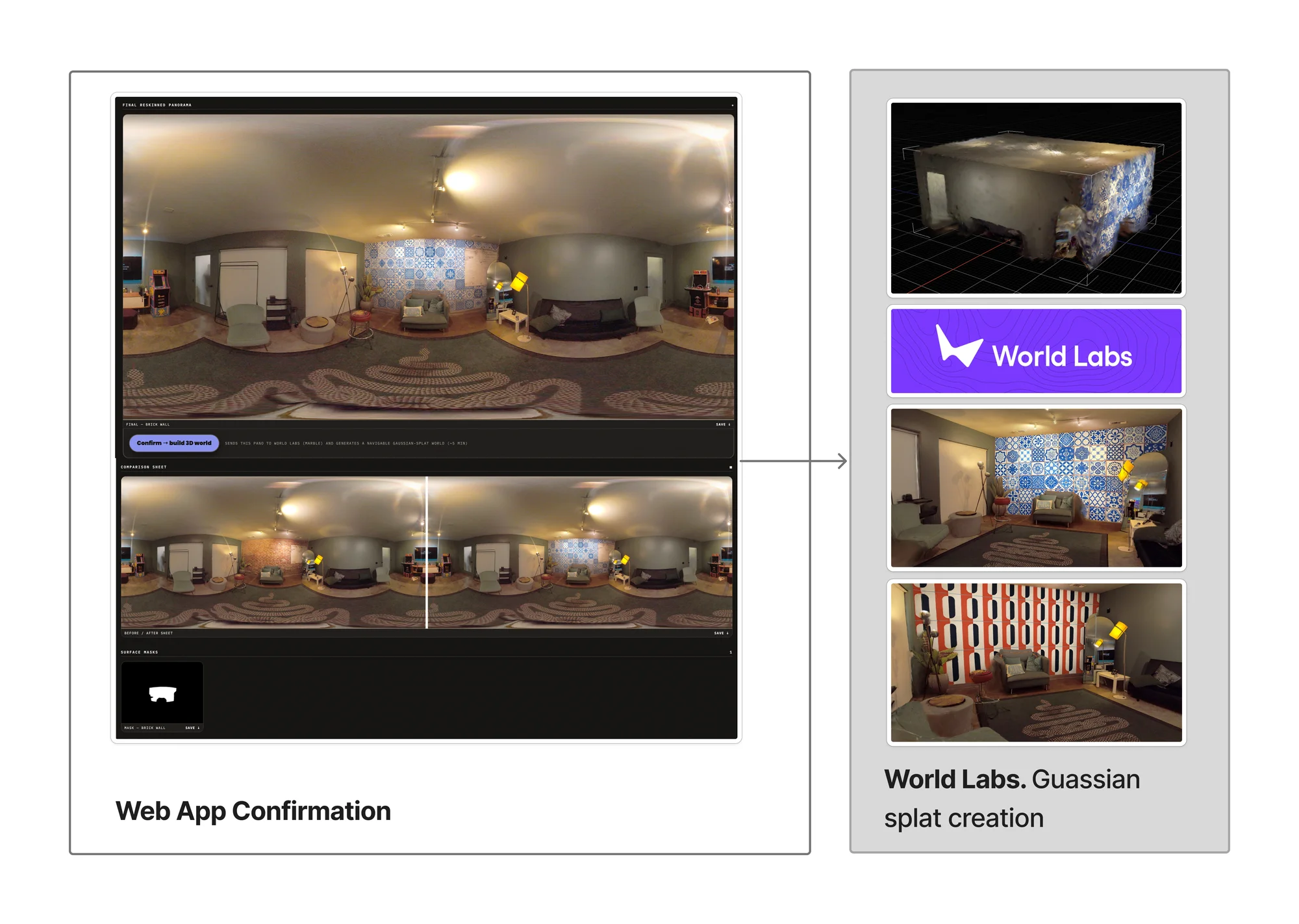 Web app confirmation, then World Labs gaussian-splat creation.